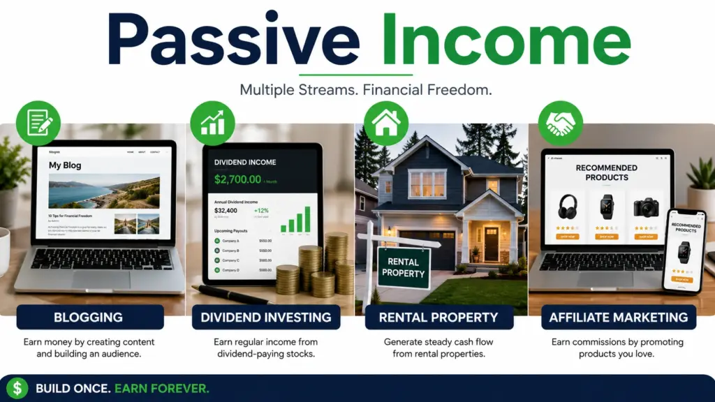 Passive Income Ideas for Beginners Passive income ideas including blogging, affiliate marketing, dividend investing, and rental property.