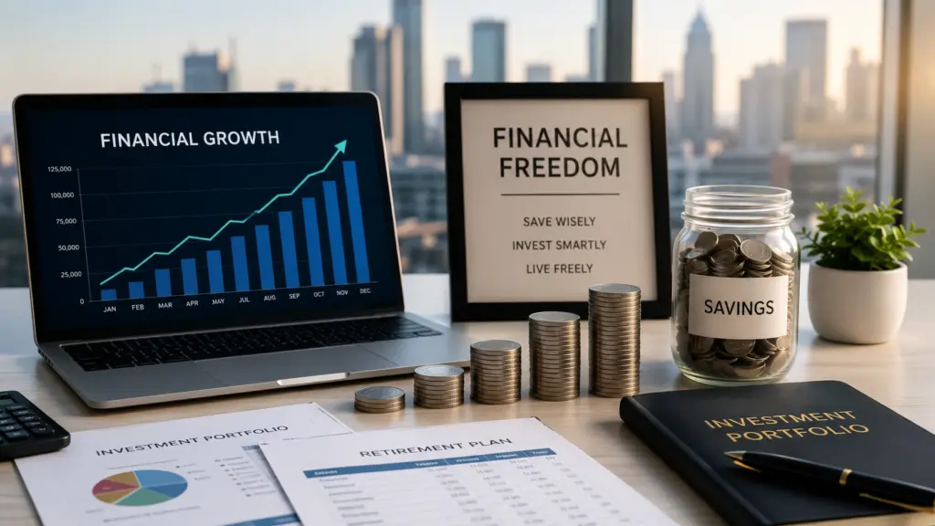 Financial Freedom Strategy Financial freedom concept showing savings growth, investment portfolio, and long-term wealth planning.