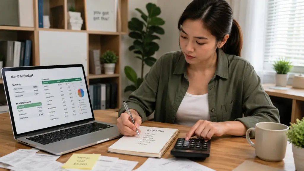 Monthly Budget Planning Guide Person creating a monthly budget using a calculator and laptop for better money management.