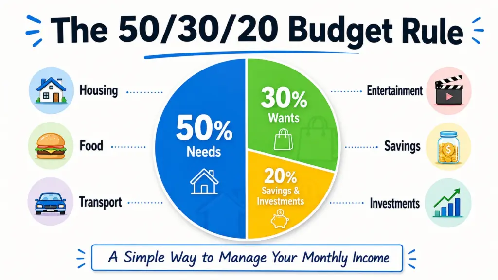 The 50/30/20 Budget Rule 50/30/20 budgeting rule showing needs, wants, and savings allocation