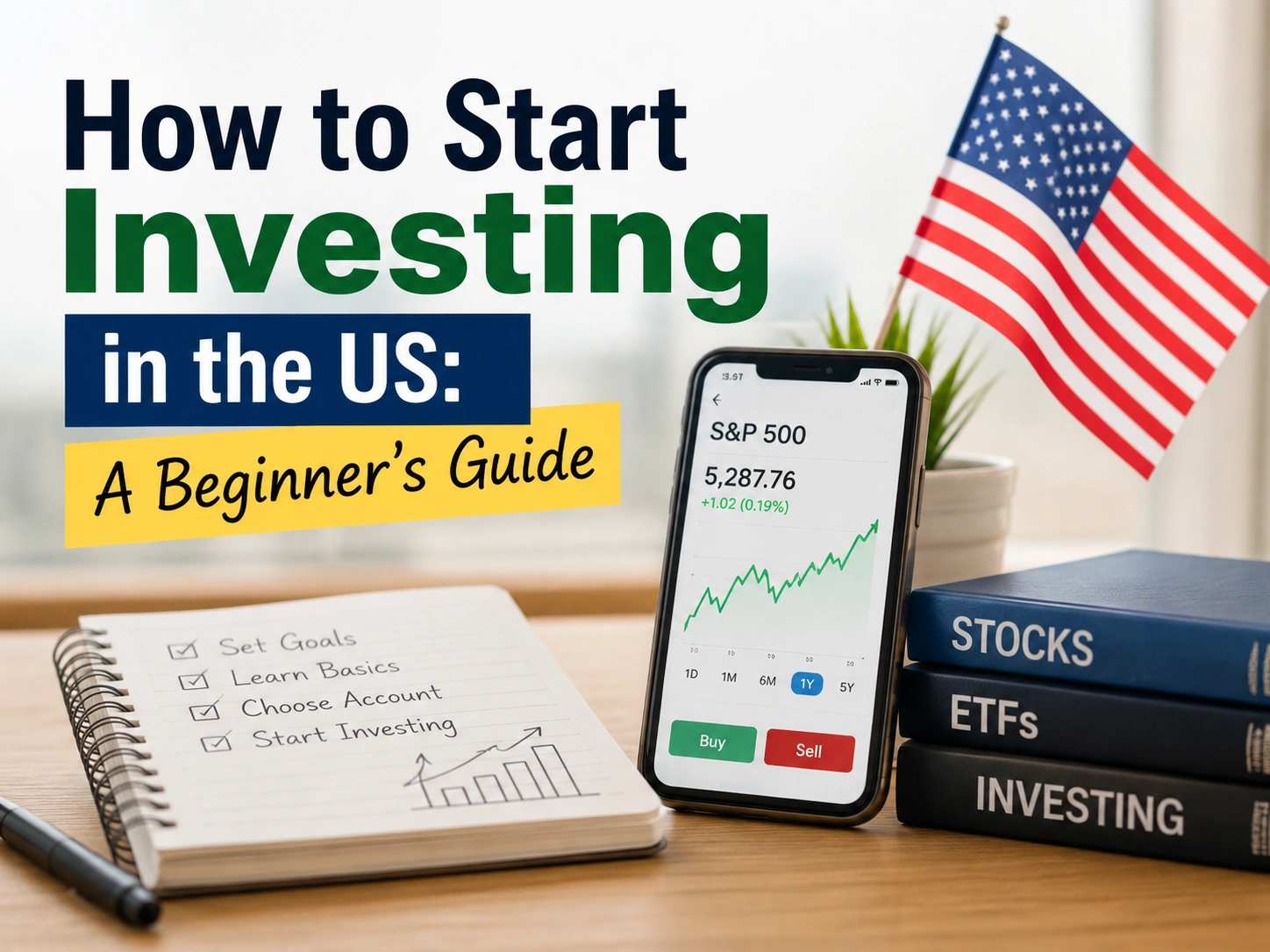How to Start Investing in the US: A Beginner's Guide Beginner's guide to investing in the US with stock market growth chart and American flag.