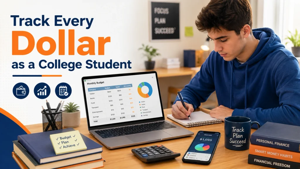 Track Every Dollar as a College Student College student tracking daily expenses with a laptop and budget notebook