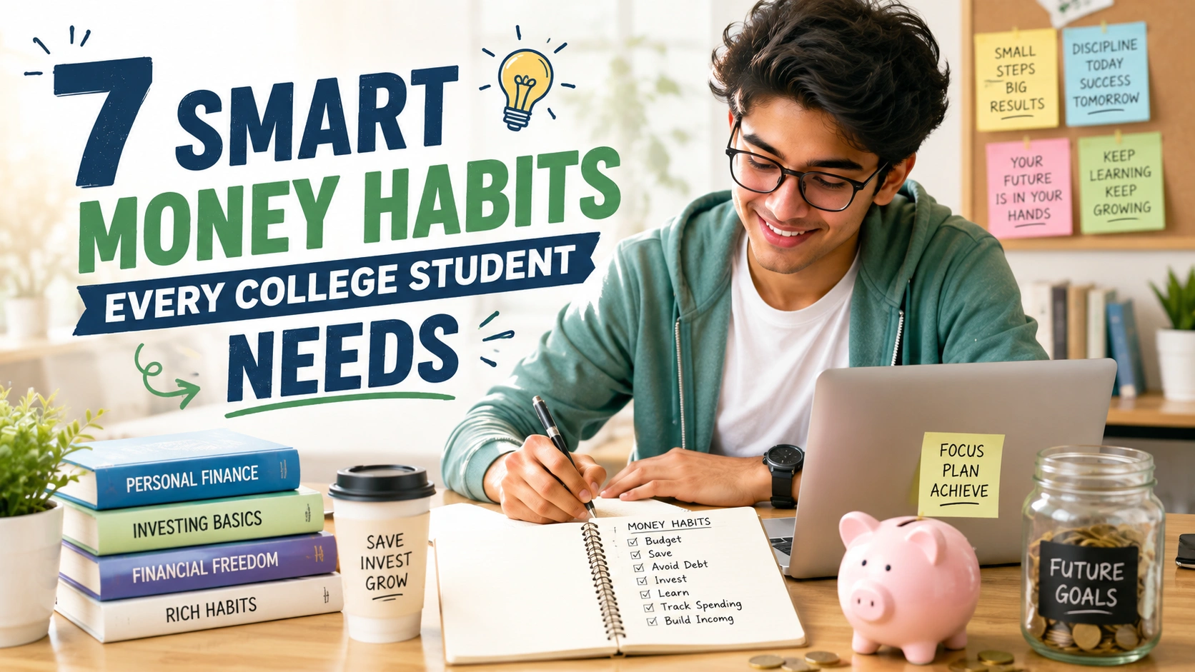 7 smart money habits every college student needs, with a college student planning finances