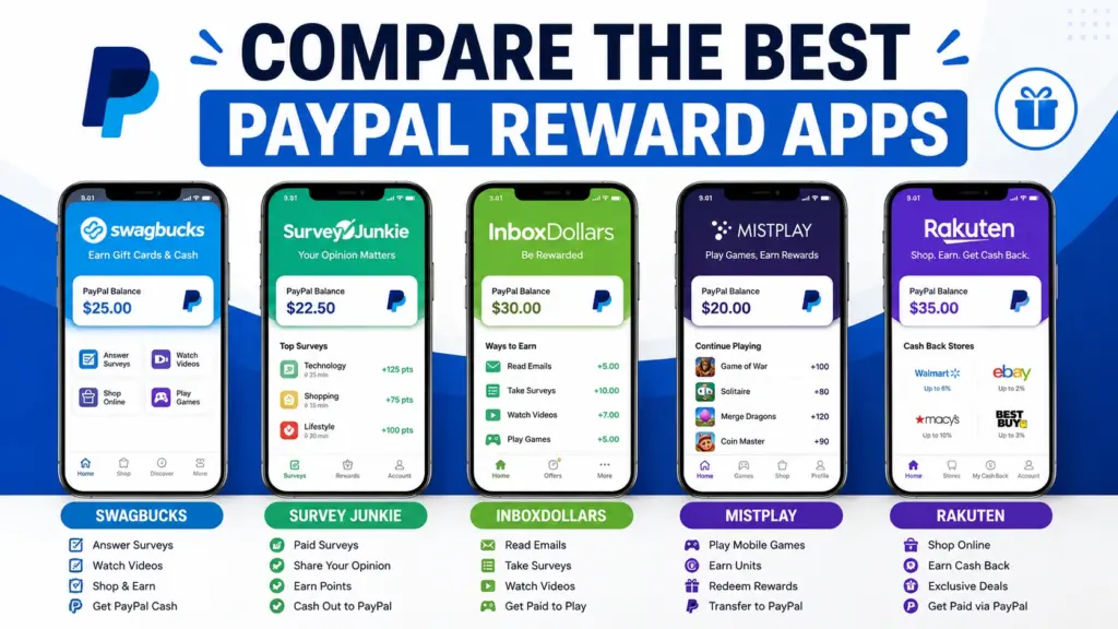 Best PayPal Reward Apps Comparison Comparison of the best apps that pay instantly to PayPal including Swagbucks Survey Junkie InboxDollars Mistplay and Rakuten
