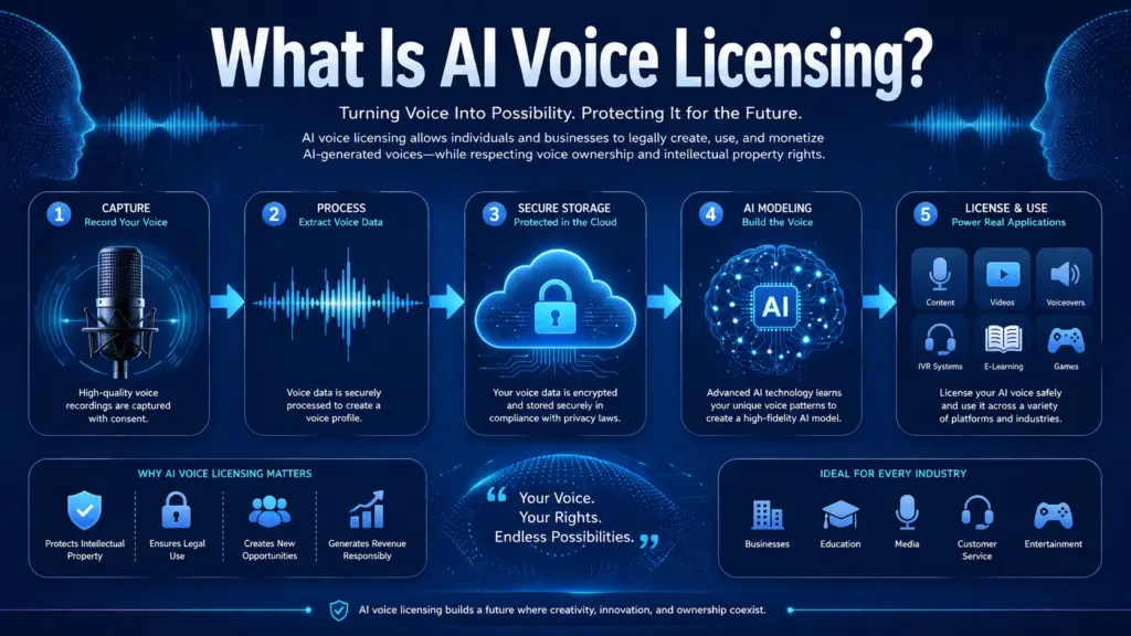 How AI Voice Licensing Works Illustration showing the AI voice licensing process