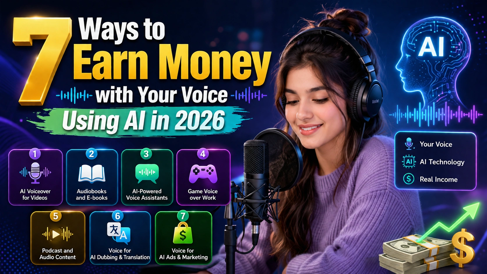 Person recording voice using AI voice technology for online income in 2026
