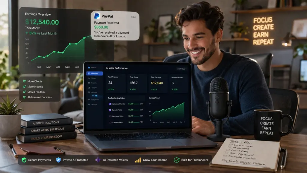 Voice Freelancing and Online Income Freelancer earning income through AI voice work