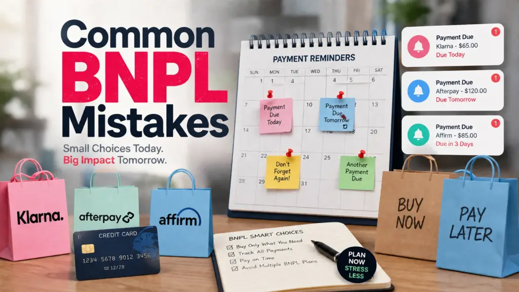 Common BNPL Mistakes Illustration showing missed installment payments and multiple BNPL purchases.