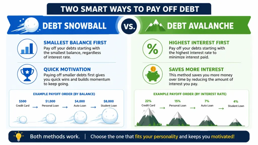 Debt Snowball vs Debt Avalanche Comparison between the Debt Snowball Method and Debt Avalanche Method for paying off credit card debt
