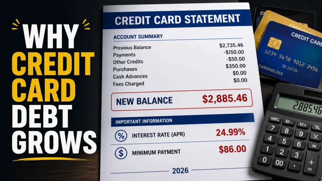 Why Credit Card Debt Grows Credit card statement showing high interest rate, minimum payment, and increasing debt balance