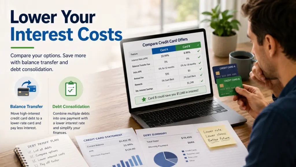 Balance Transfer and Debt Consolidation Balance transfer credit card and debt consolidation options for reducing credit card interest