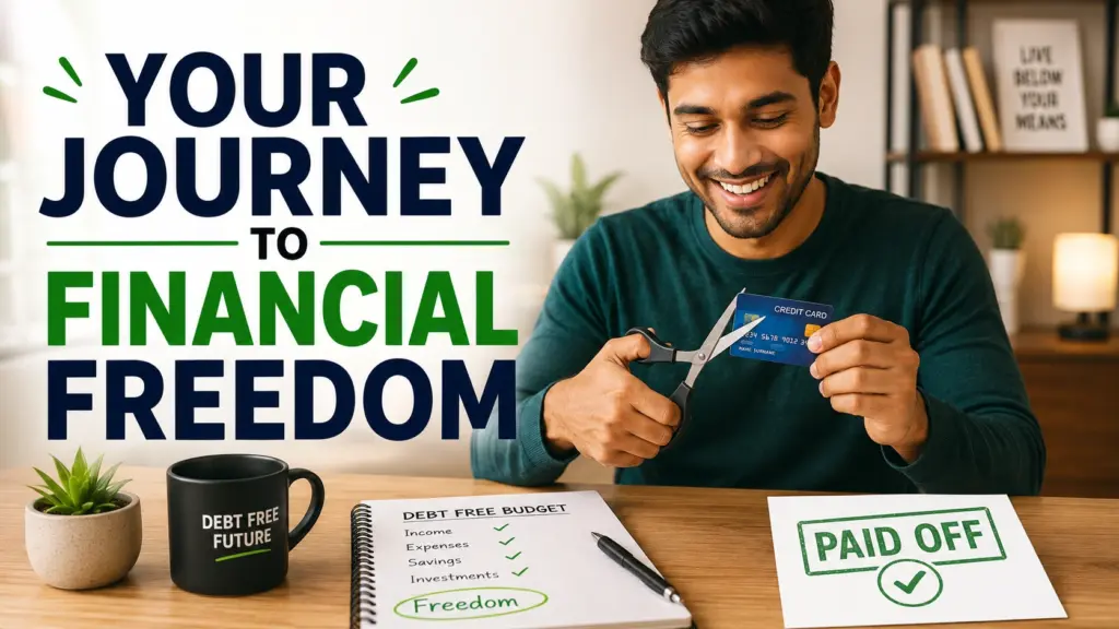 Achieve Financial Freedom Person celebrating becoming debt free after paying off credit card debt