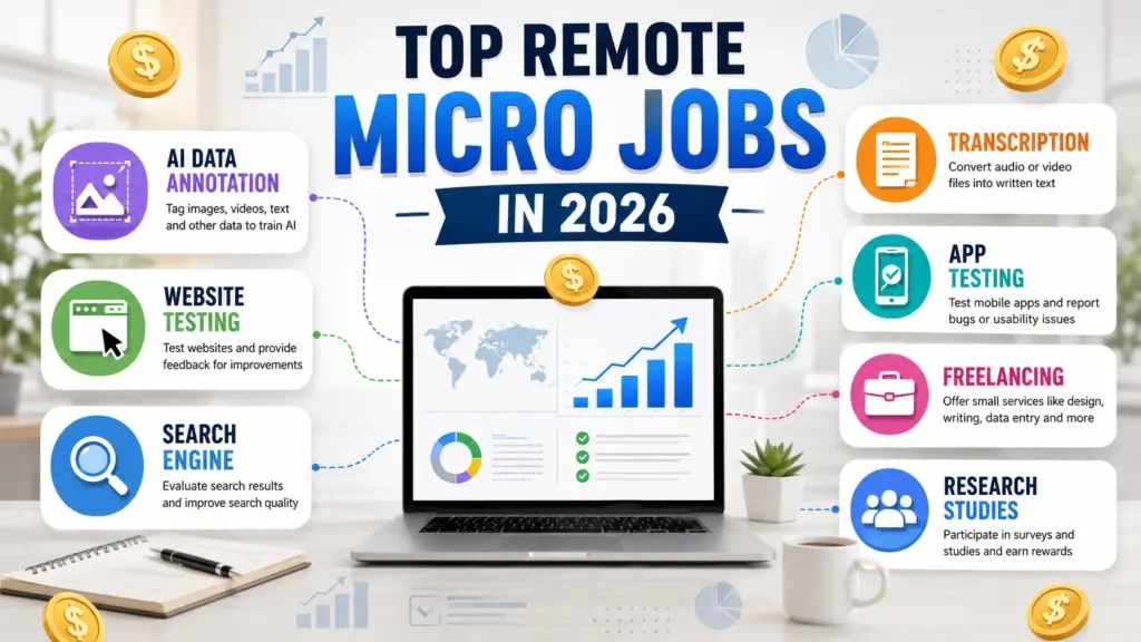 What Are Remote Micro Jobs and How Do They Work? Illustration explaining remote micro jobs including AI data annotation, website testing, transcription, and online research
