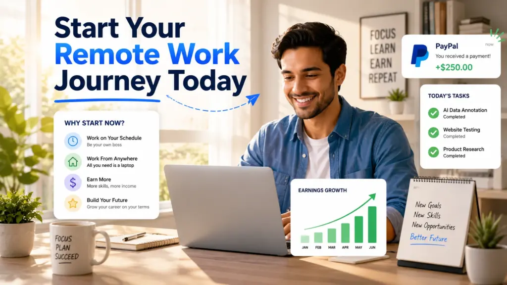 Start Your Remote Work Journey in 2026 Person working remotely from home using a laptop to complete online micro jobs