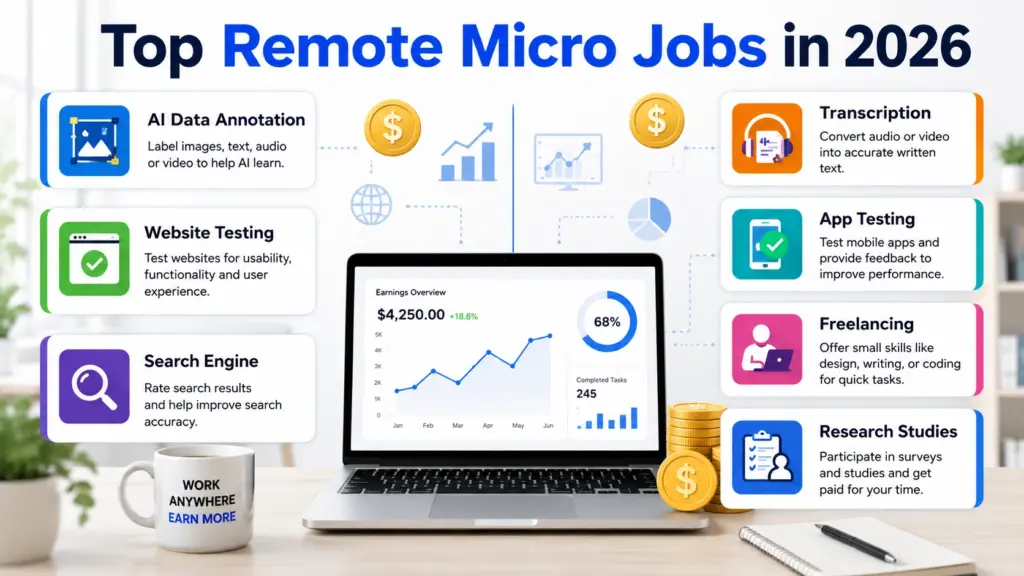 Popular Remote Micro Jobs You Can Start in 2026 Popular remote micro jobs including AI annotation, website testing, search evaluation, transcription, and freelance services
