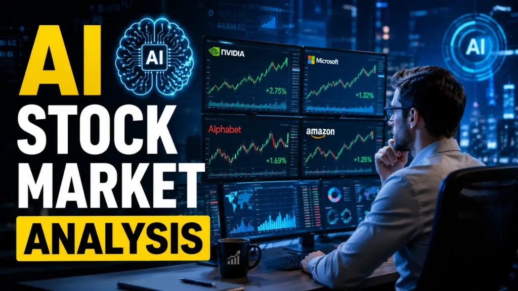 AI stock market analysis showing an investor analyzing AI company stocks with financial charts, multiple monitors, and digital technology dashboards.