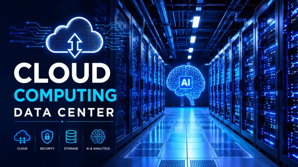 Modern cloud computing data center with AI technology, glowing servers, digital infrastructure, and enterprise cloud solutions.