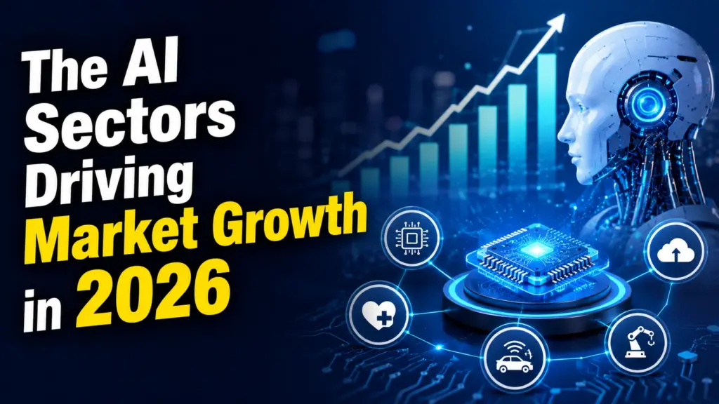 AI sectors driving market growth with stock charts, semiconductor chip, cloud computing, and robotics in 2026.
