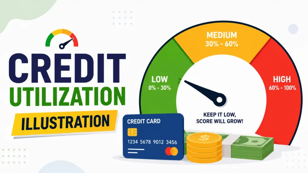 Credit Utilization: Improve Your Credit Score (2026) Credit utilization illustration showing low, medium, and high credit usage to help improve your credit score in 2026.