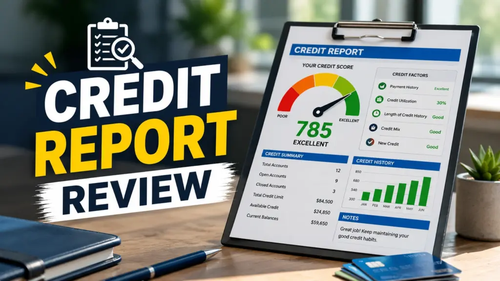 Credit Report Review: Improve Your Credit Score (2026) Credit report review showing a high credit score, payment history, credit utilization, and financial report analysis for 2026.