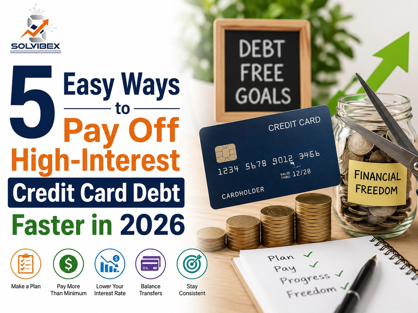 Credit card debt repayment concept with savings jar, coins, and financial planning tools.