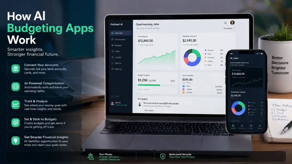 How AI Budgeting Apps Work AI budgeting app dashboard showing automatic expense tracking and spending analysis