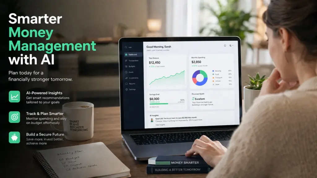 Smarter Money Management with AI Person using an AI budgeting app to manage monthly finances and savings