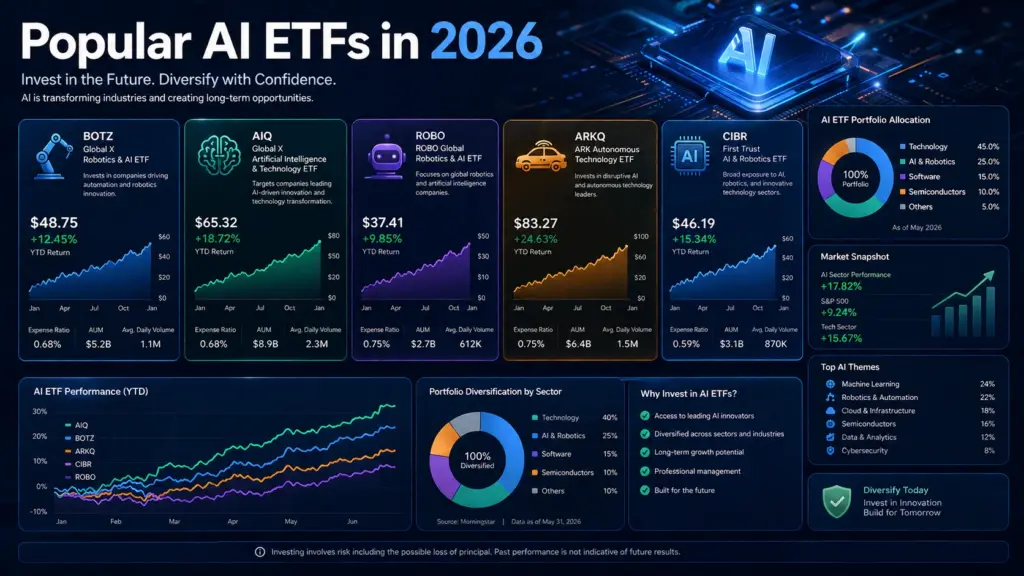 Popular AI ETFs Popular artificial intelligence ETFs with diversified investment portfolios
