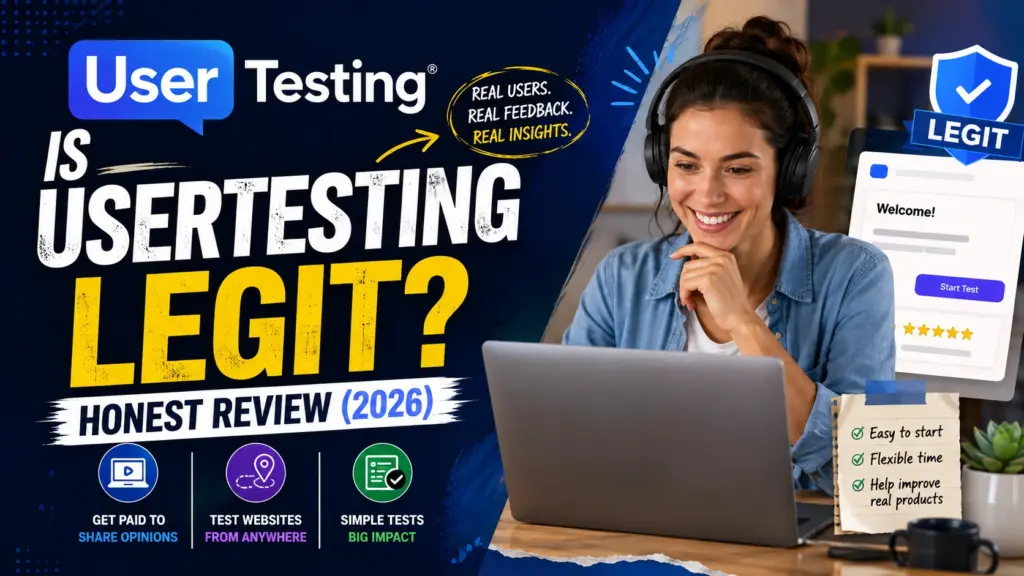 Is UserTesting Legit? Honest Review, Pay, Pros & Cons Person testing a website on a laptop while earning money through UserTesting in 2026