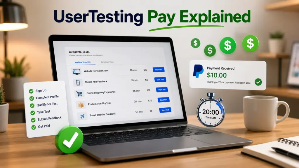 UserTesting Pay Explained Illustration showing different UserTesting payment opportunities for website testing jobs